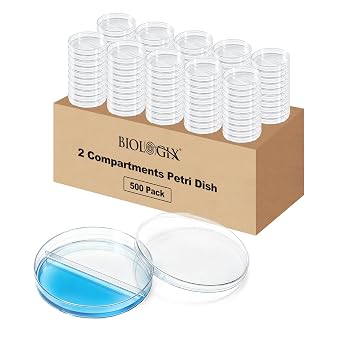 500pcs Petri Dish, 2 Compartments Petri Dish, 90mm*15mm Plastic Petri Dishes with Lids, 2 Compartments Culture Dish for Lab Science Experiments, Sterile, Clear