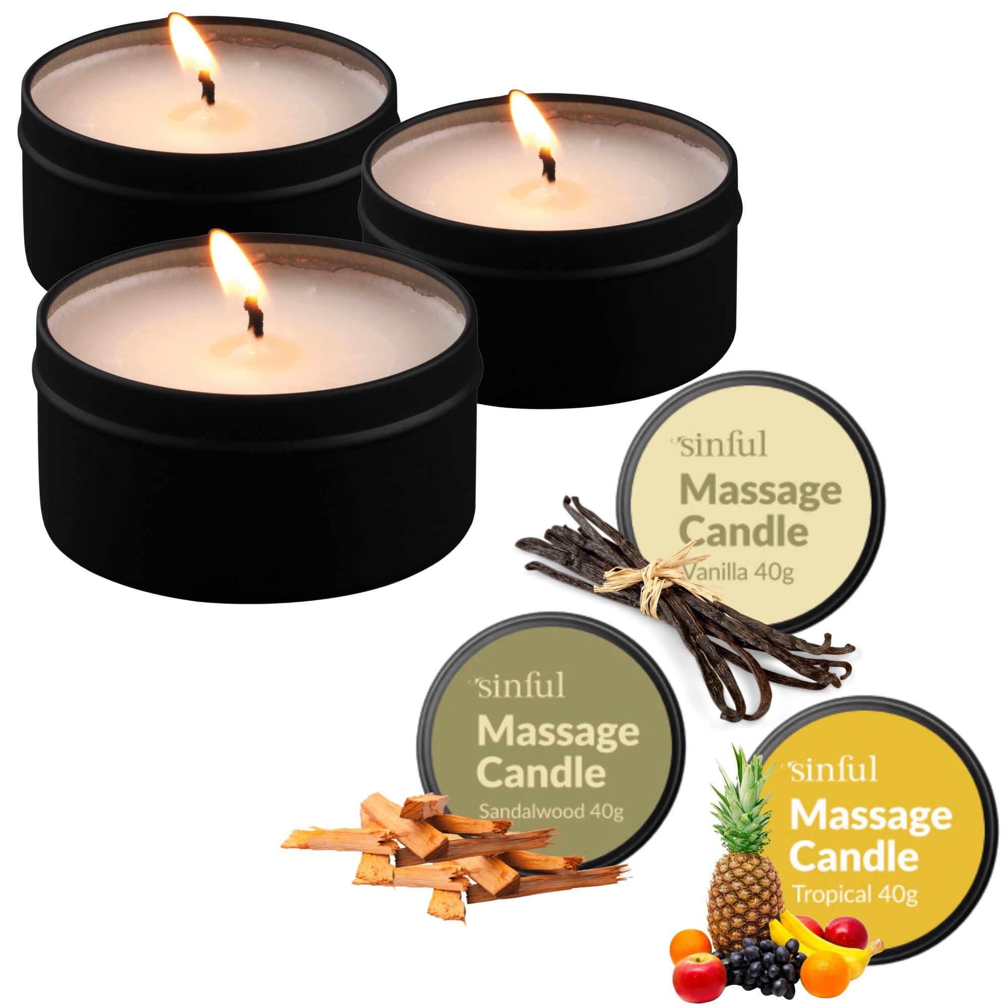 Sinful Intimate Candle Set - 3 x 40 g Candles - Vanilla, Tropical and Sandalwood Scented Wax - Massage Candles for Couples - Massage Candle for Date Night