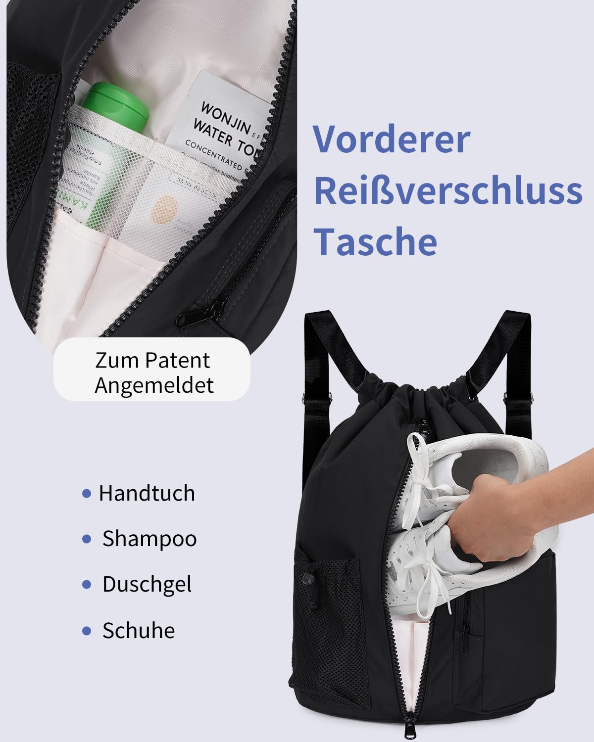 WANDF Turnbeutel mit Schuhfach, Sportbeutel Wasserabweisend,Gym Bag mit Kordelzug für Damen Herren Kinder,Große Kapazität Rucksack für Sport,Schwimmen,Reisen,Schule (Schwarz)