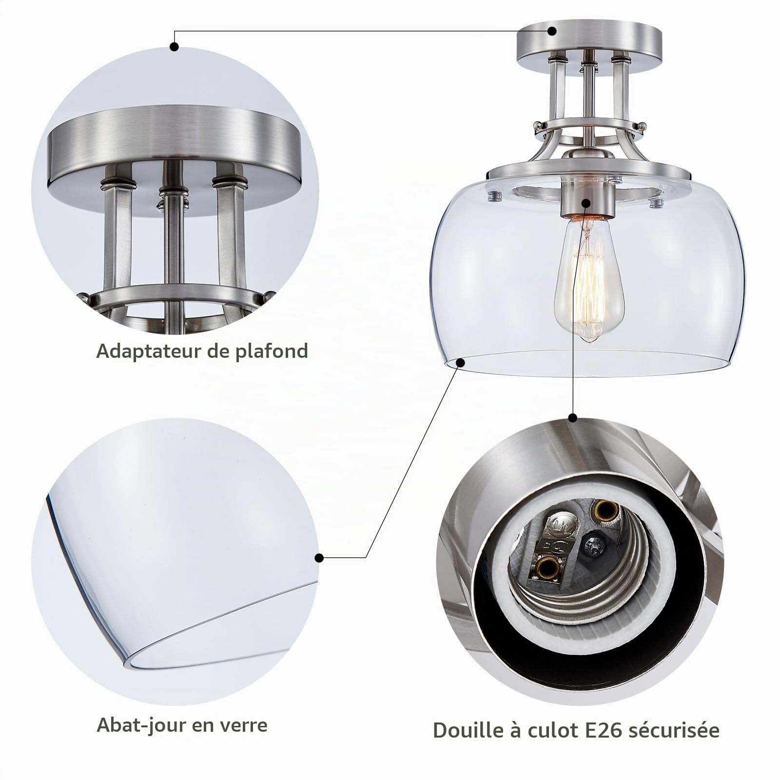 WUZUPS Lustre Rustique Ferme Industriel Rond Semi-Affleurant LED Plafonnier avec Abat-Jour en Verre Transparent pour Salle de Bain Cuisine Entrée Entrée, H25 x L25, E27 Base, Nickel Brossé