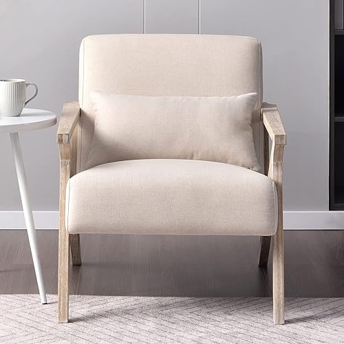 Miniatura 9 de INZOY Silla moderna de mediados de siglo con marco de madera, sillón tapizado con cojín de cintura, silla decorativa para sala de estar, dormitorio,