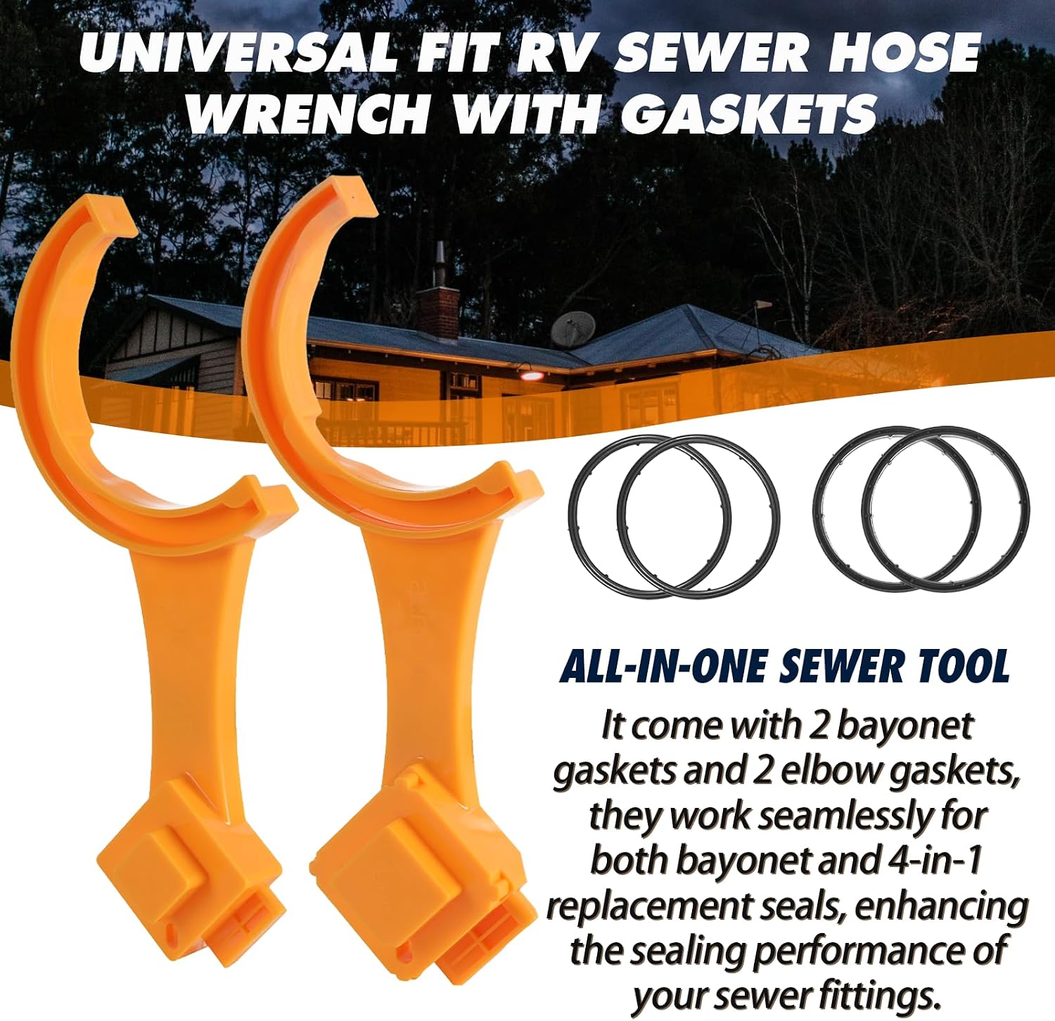 TonGass (2-Pack, Orange Universal Fit RV Sewer Hose Wrench with Gaskets(2 Bayonet+2 Elbow), Multi-Tool Fit Most 3-Inch & 4-Inch Male/Female RV Sewer Cap, Connect and Disconnect Hose Fitting