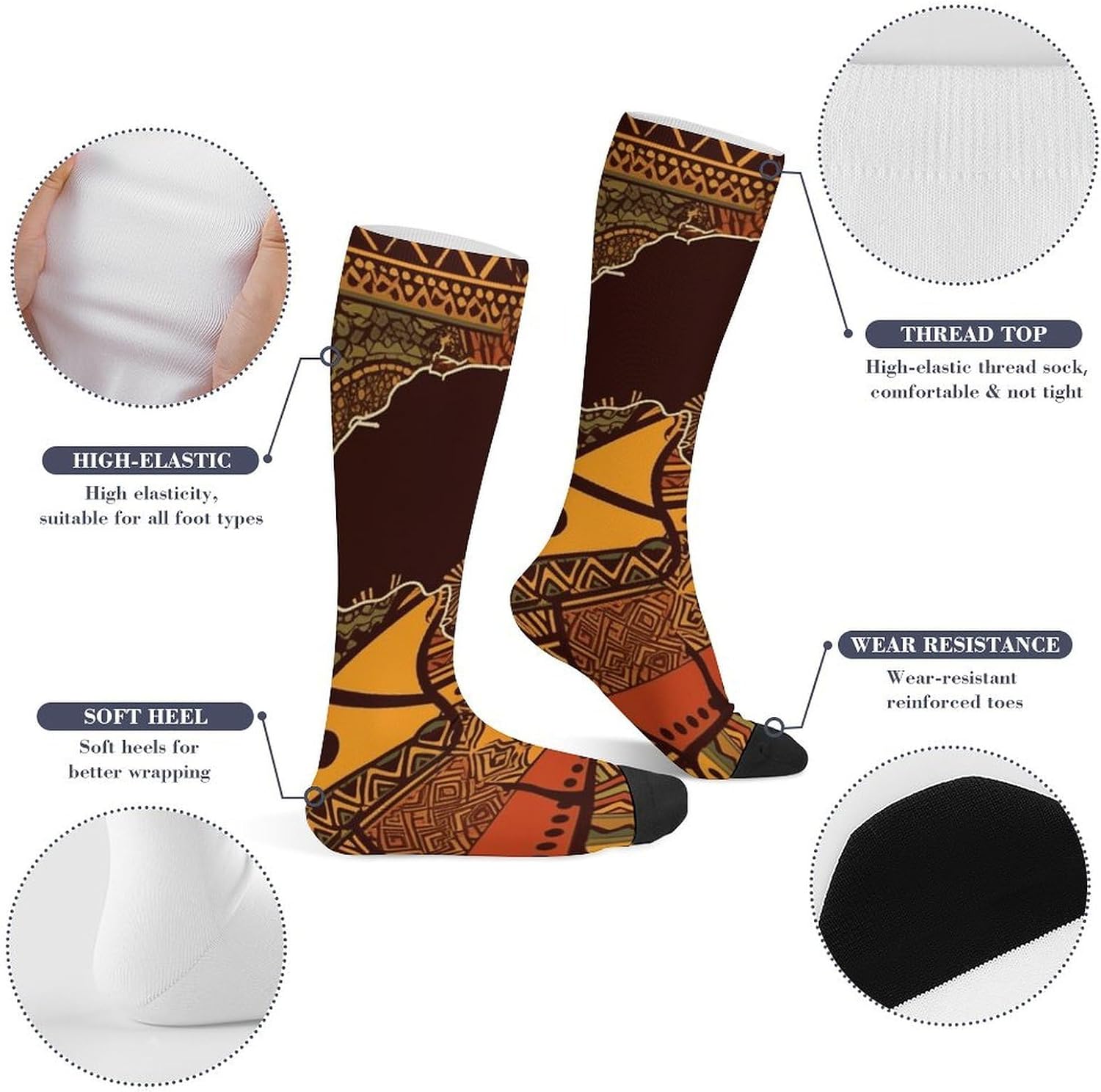 African Map Ethnic Knee High Soccer Socks Moisture Wicking