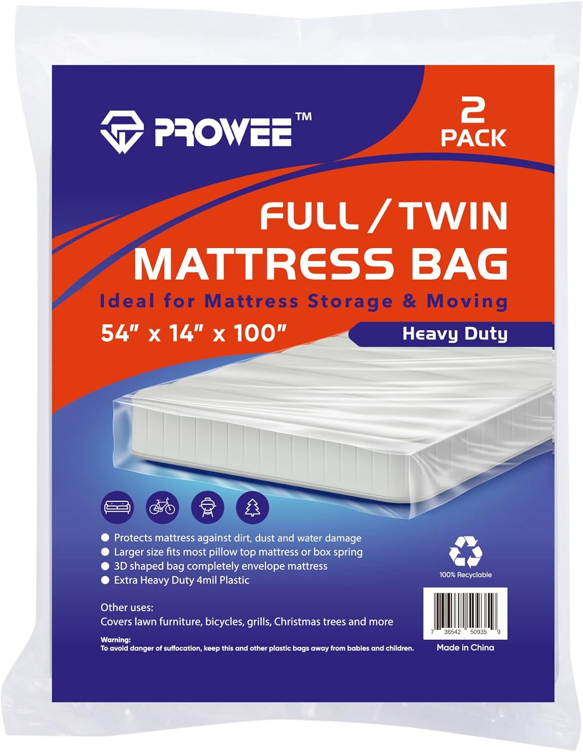 PROWEE 2 Pack 4Mil Heavy Duty Full/Twin Mattress Bag for Moving,Clear