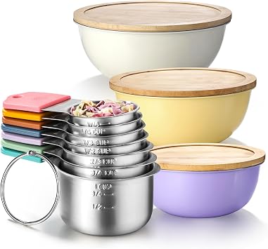 Magnetic Measuring Cups Set Includes 7 Stainless Steel Magnetic Measuring Cups and 3 Mixing Bowls with Wooden Lids Kitchen Measuring Tools for Cooking or Baking