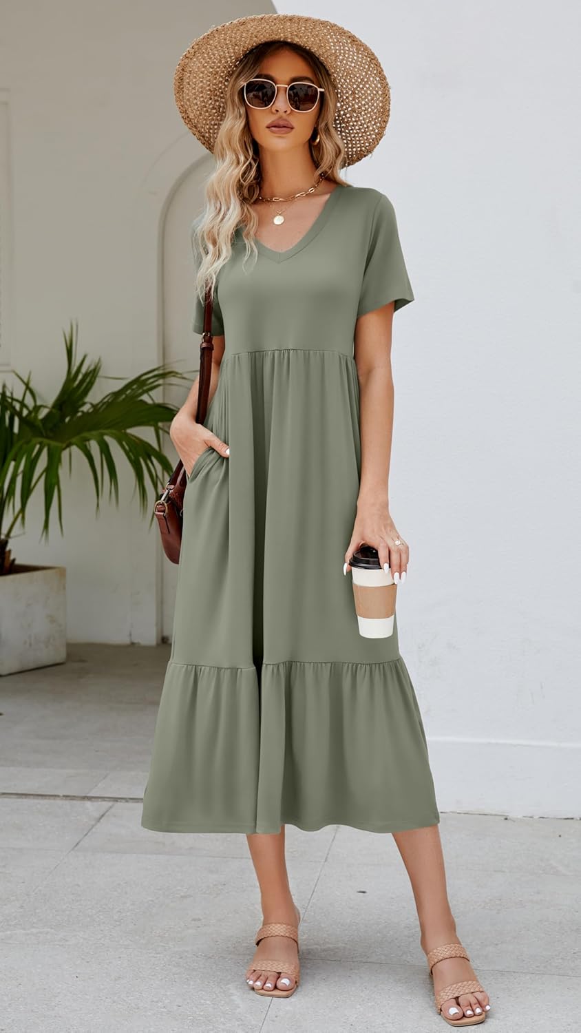 Women's 2026 Summer Short Sleeve V Neck Swing Dress Flowy Tiered Maxi Beach Sundress with Pockets - Image 3