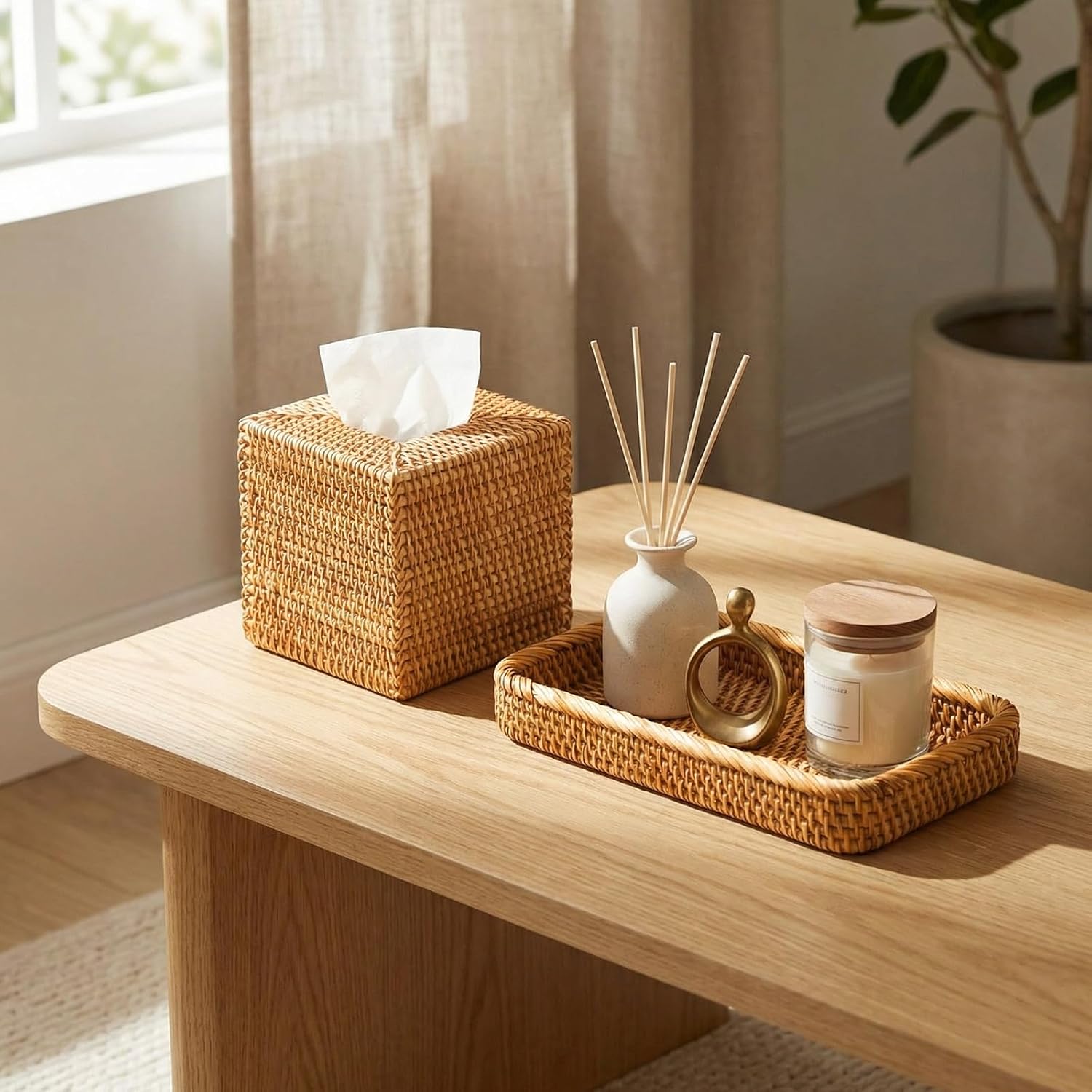 Teenyyou Rattan Tissue Box Cover and Vanity Tray Set for Home Decor, 2 Pcs Wicker Bathroom Accessories, Boho Square Tissue Holder and Countertop Tray for Toilet Tank, Vanity, Bedroom(Natural Color)