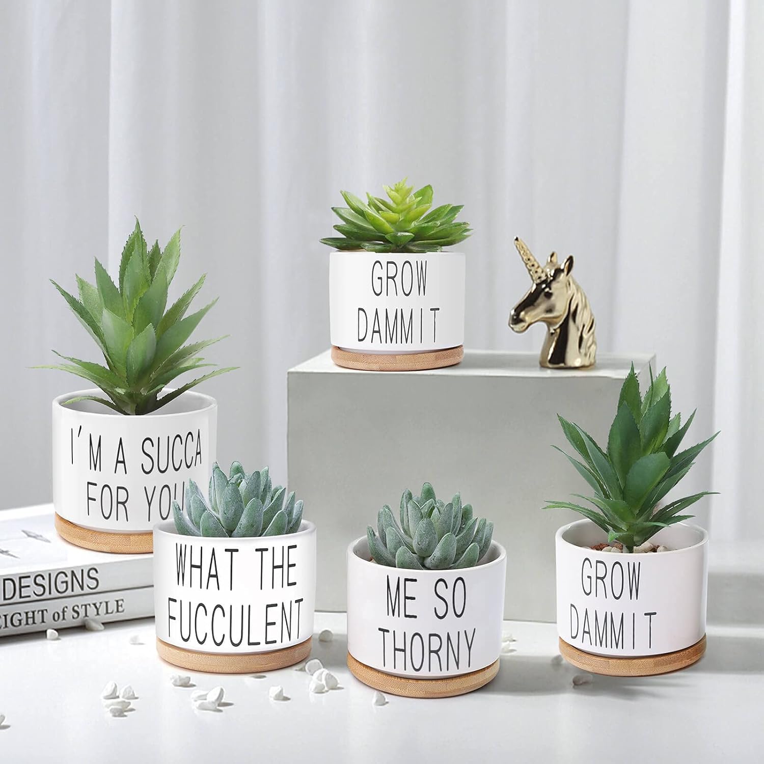 Succulent Pots, Popvip 3.15 Inch Ceramic Funny Planter Pots with Bamboo Tray, Housewarming Gift for Women, Best Friend, Daughter, Mom, Coworker, Pack of 2 - Plants Not Included (A)