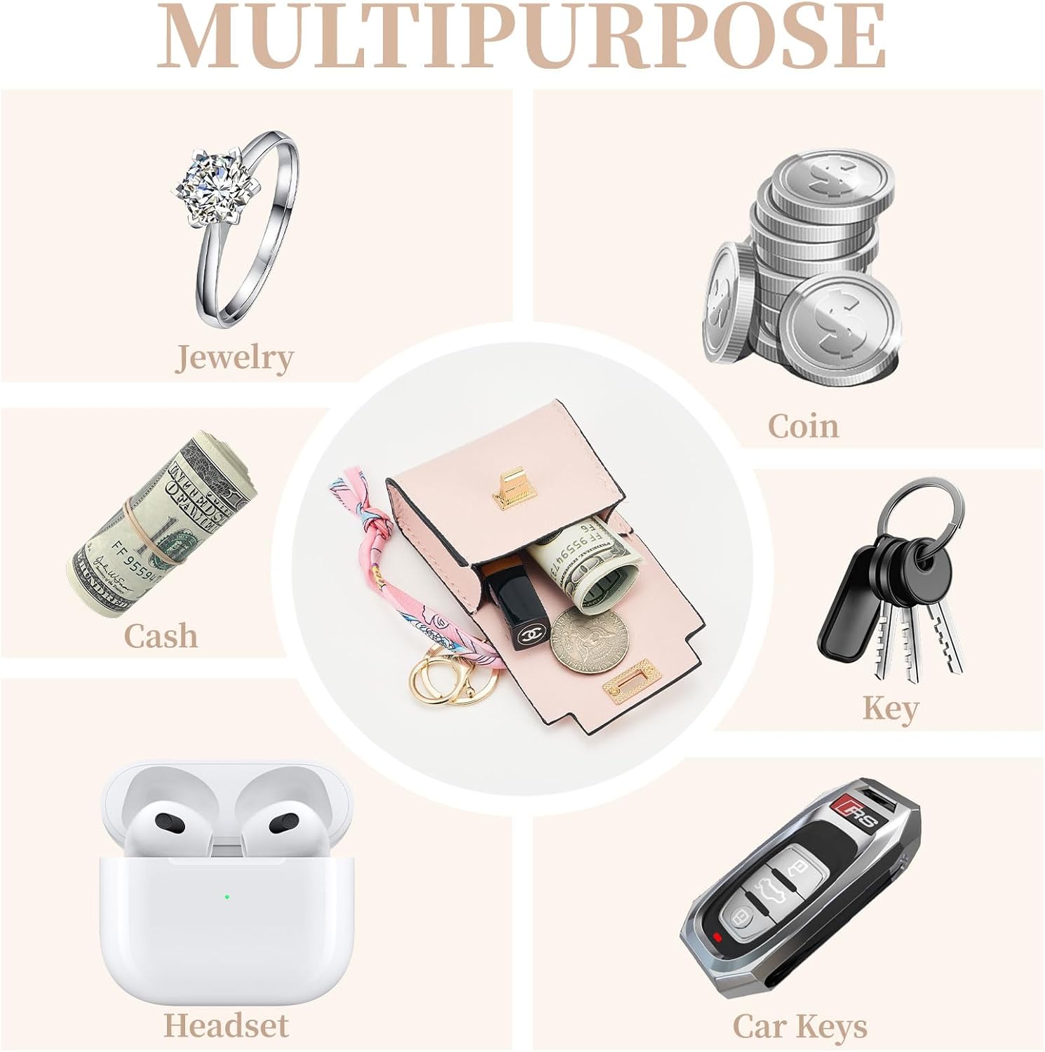 WOZEAH Mini Backpack Keychain for Women,Small Change Pouch Coin Purse Twist-lock with Key Headset Bag(Pink) - Image 3