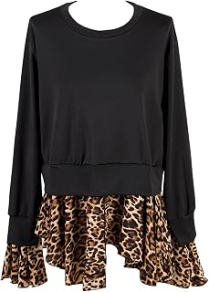 Silunma2021 Women Tunic Round Neck Casual Long Sleeves Leopard Print Design Pullover Top Solid Color Ligthweight Shirts