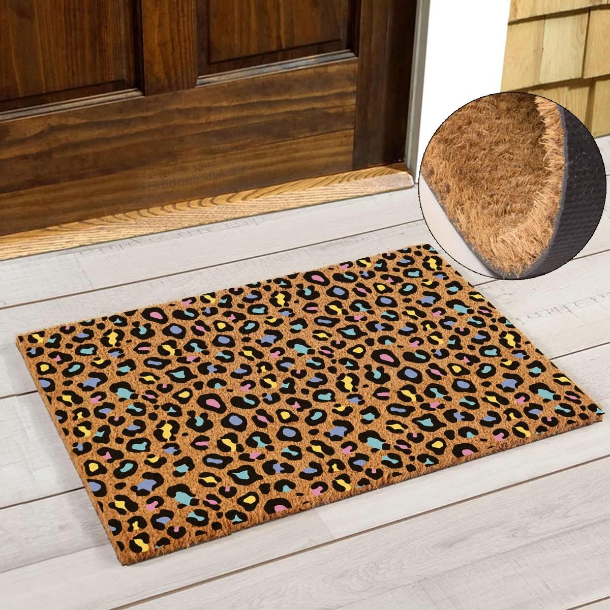 Funny Coir Doormat Leopard Print Spot Pattern Welcome Front Porch Decor Doormat for The Entrance Way Personalized Rug with Heavy-Duty Anti-Slip PVC Backing Non Slip Outdoor Coir Doormat 23.6x15.7inch