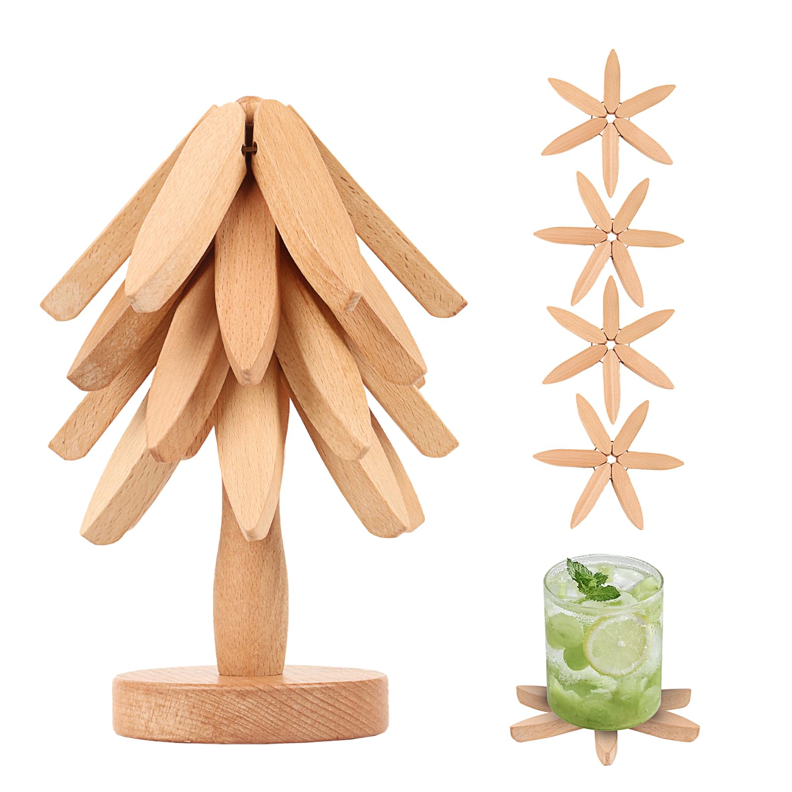 Dokeno Holzuntersetzer-Set In Baumform – 6 Untersetzer + Ständer, 23x10 Cm, Aus Buchenholz, Hitzebeständig