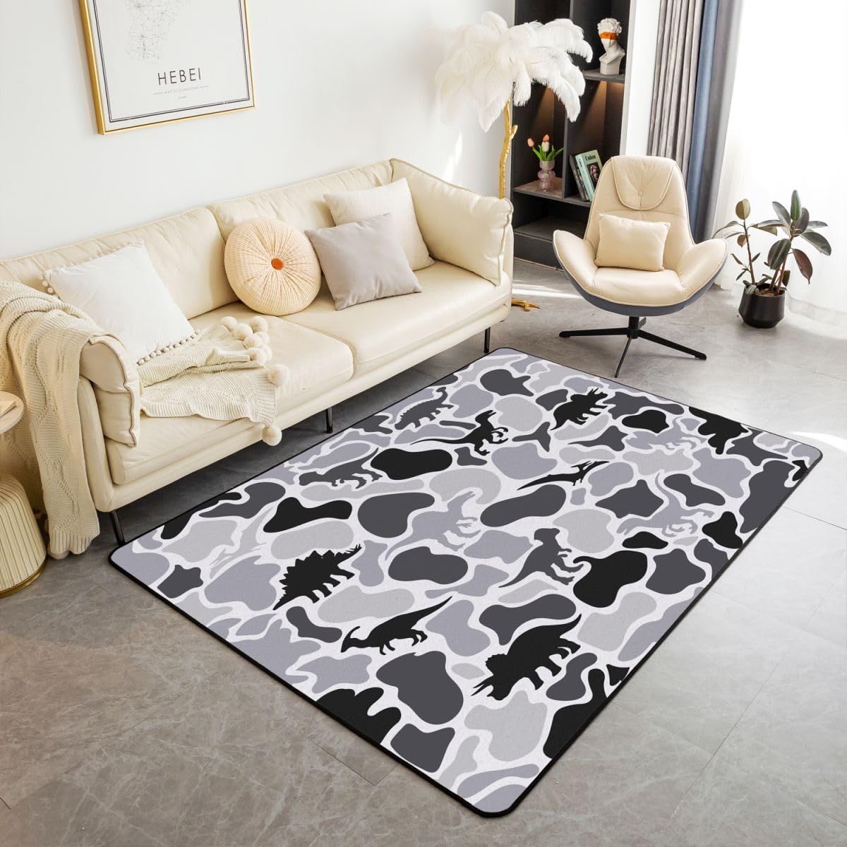 Camo Dinosaurier Teppich 100x150cm Schwarz Grau Camouflage Modern Teppich Dschungel Dino Wohnzimmerteppich Dinosaurier Tier Küchenteppich Wildes Tier Weich Waschbar
