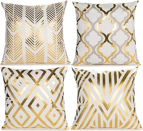 Fundas de almohada decorativas – Juego de 4 almohadas de terciopelo blanco y dorado suave de 18 x 18 pulgadas, fundas de cojín geométricas cuadradas
