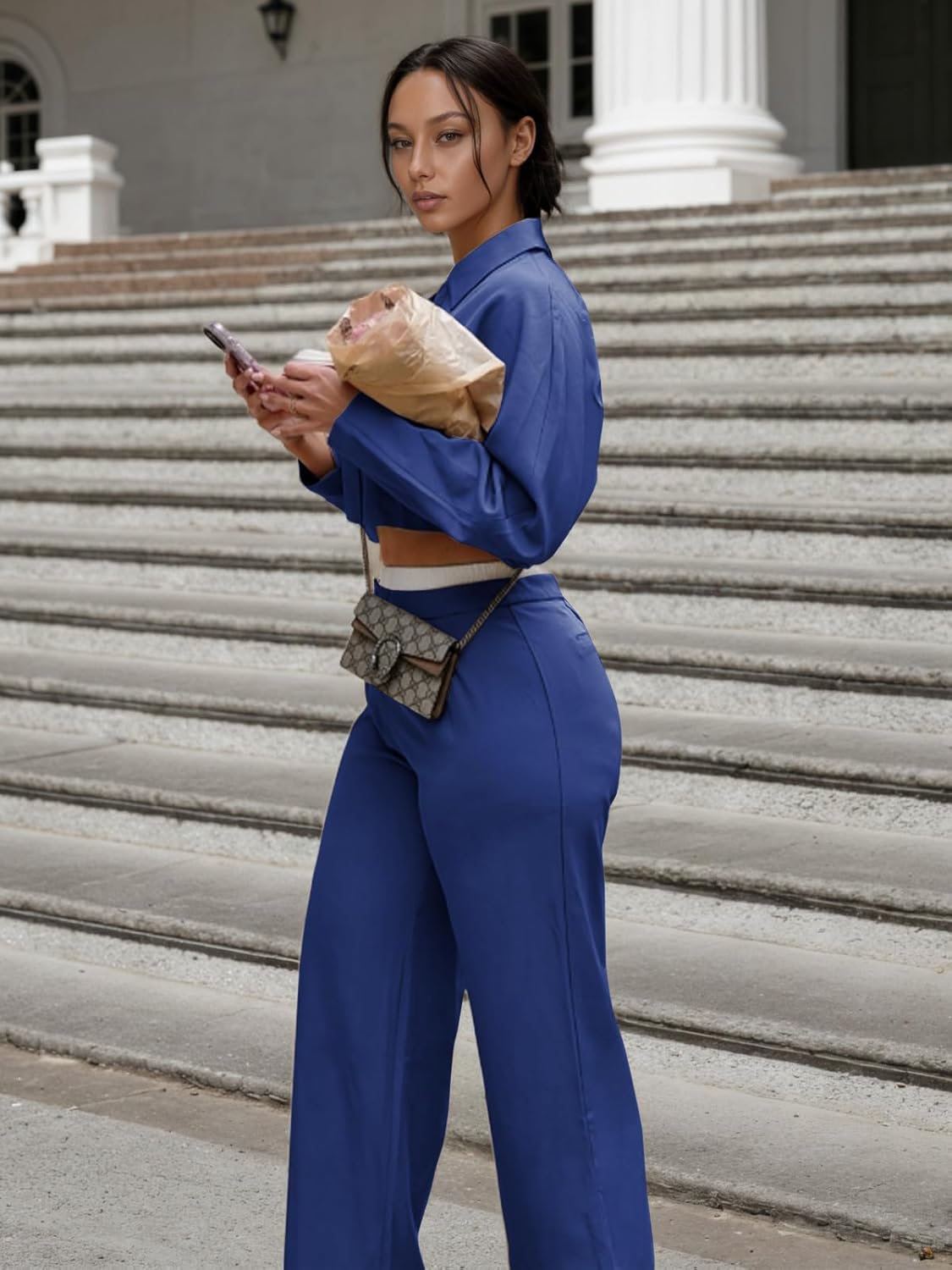 EXLURA Womens 2 Piece Outfits Long Sleeve Zip Up Crop Jackets Long Wide Leg Pant Suits Spring Airport Travel Matching Sets - Image 6