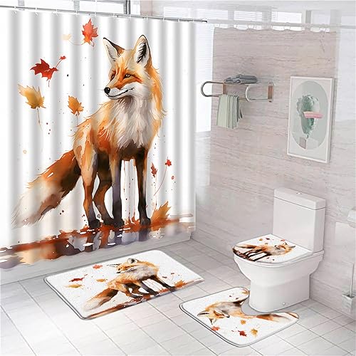 Miniatura 1 de QWRSMYX Juego de 4 cortinas de ducha con diseño de zorro, animales del bosque, de arce, dibujados a mano, garabatos dibujados a mano, estilo pintura