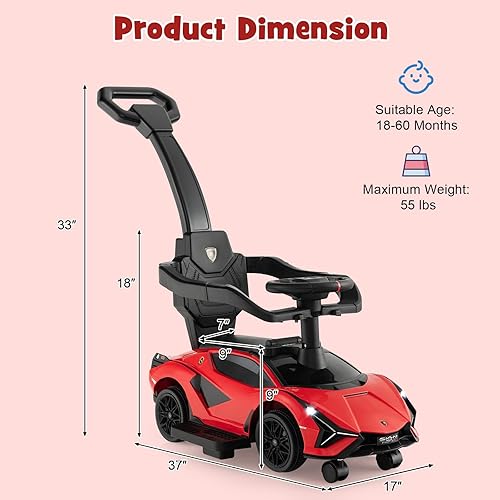 Vista 34 de OLAKIDS Lamborghini SIAN - Automóvil de empuje 3 en 1, con licencia para bebé, con mango de control parental, ruedas universales, juguete para rosa