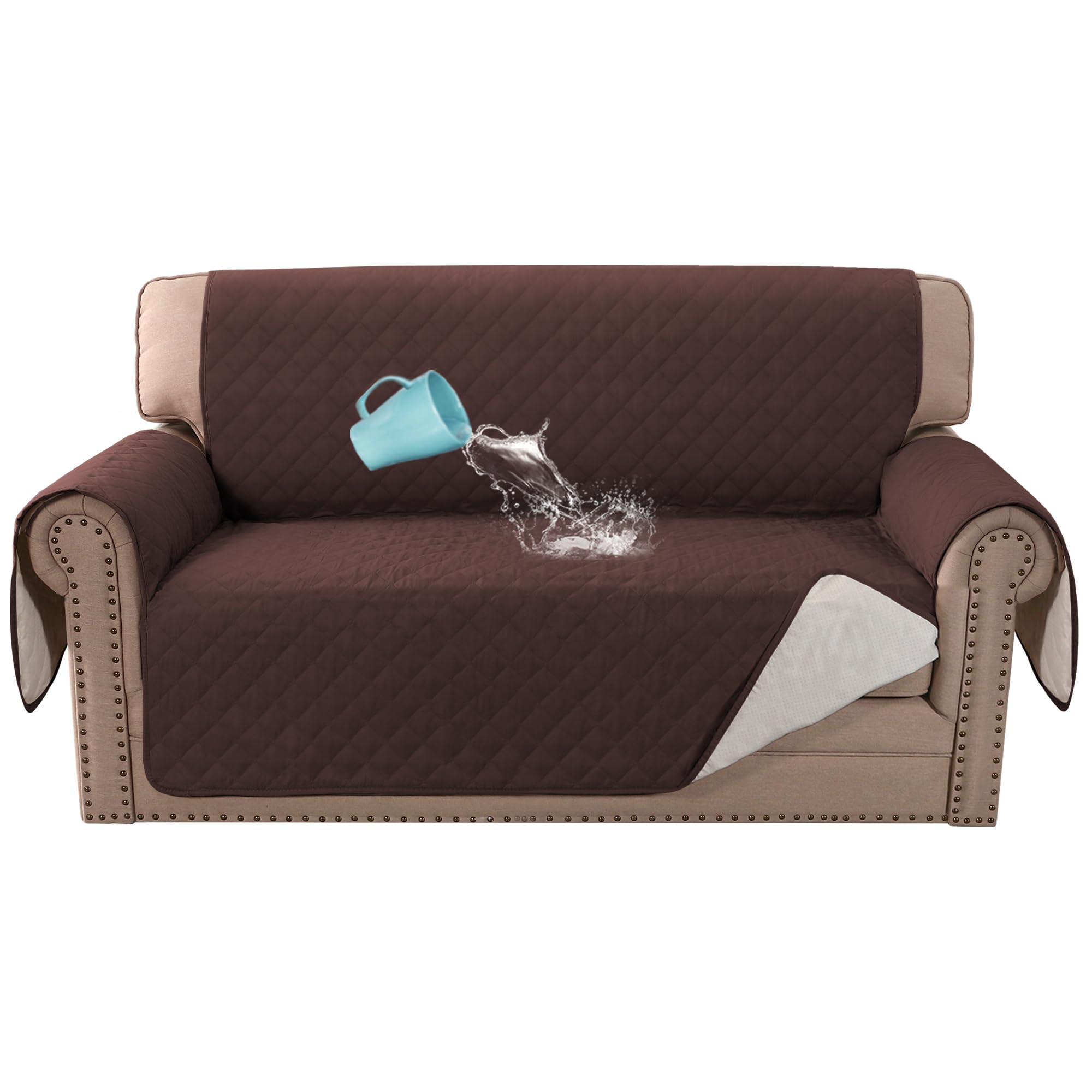 Bellahills Brown Sofa Cover 100% Waterproof Sofa Covers 2 Seater Couch Covers Sofa Slipcovers With Elastic Straps Triple Non-Slip Loveseat Sofa Cover Furniture Protector For Kids (Loveseat 54", )