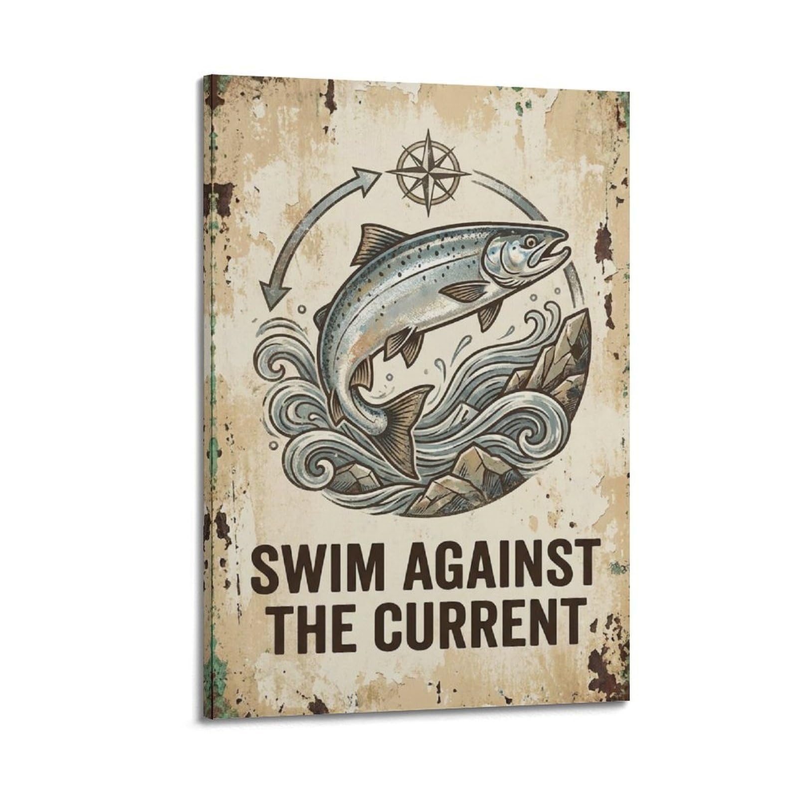 OKAHYS Quote Botanical Poster Swim Against Current Different Modern Decorative Canvas Prints - Ideal Wall Art for Family, Man Cave, Game Room, Boys & Girls Bedroom 20x30inch
