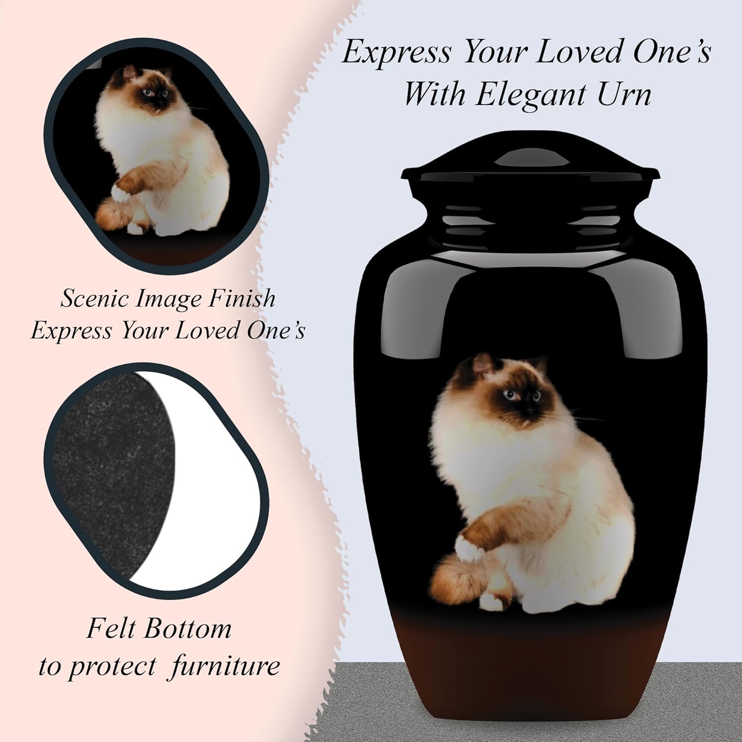 Forever URNS Adult Cremation Funeral Urn with Printed Sitting Cat Theme for Human Ashes of Female & Male | 200 cu in | Large | Black | Completely Handcrafted with Velvet Protection Bag