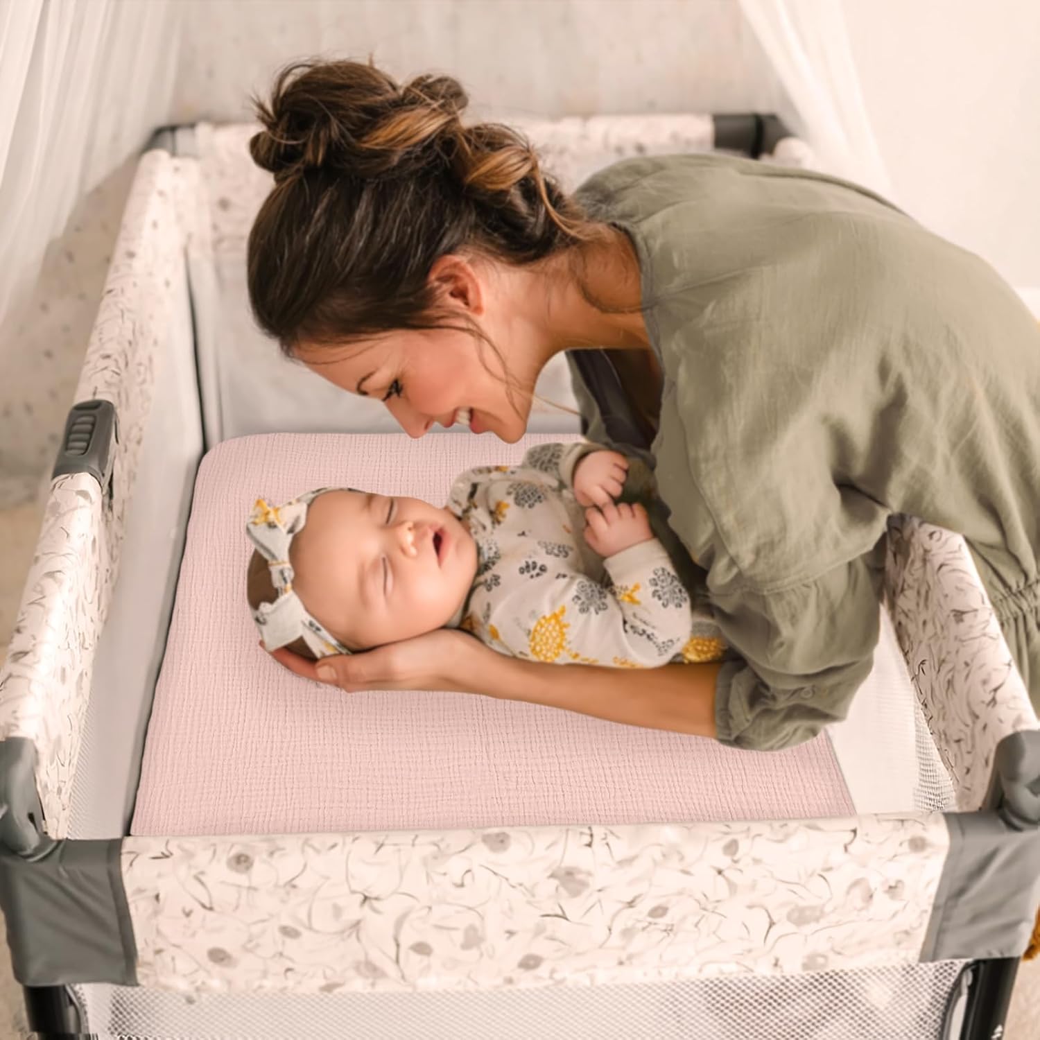 lulumoon Mini Crib Sheets 2-Pack: Soft Muslin Cotton Pack and Play Sheets for Playard Mattress - Boho Floral Print for Girls