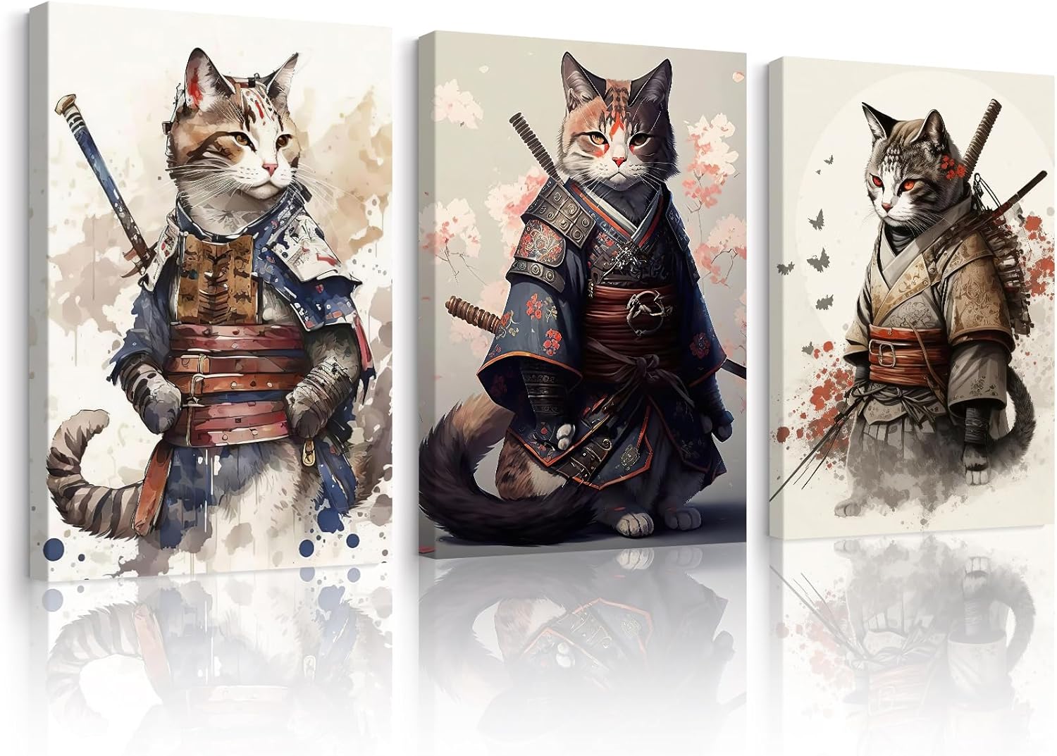 Japanese Cat Wall Art Poster Samurai Cat Canvas Wall Decor Japanese Anime Painting Asian Wall Art Funny Prints Black Cat Pictures Vintage Artwork for Living Room Bedroom 16x24x3 Inch Ready to Hang