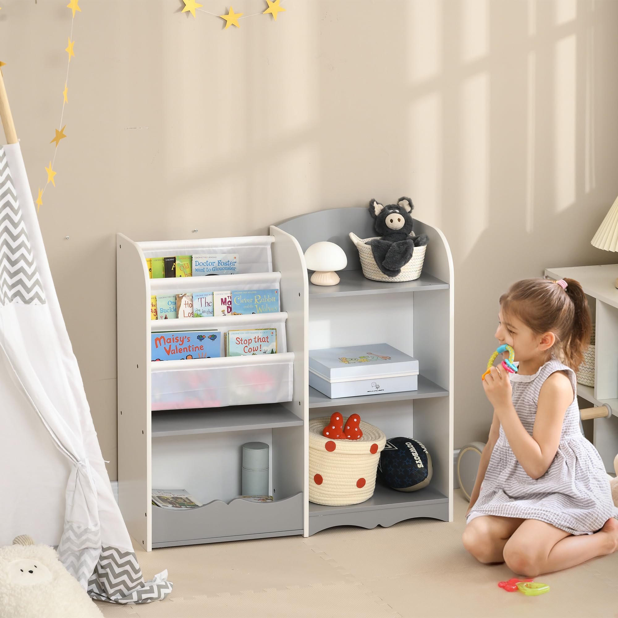 ZONEKIZ Scaffale Portagiochi per Bambini Mobile per Cameretta in Legno, Arredamento per Bambini da Salotto e Asilo, 85x26x84cm, Grigio