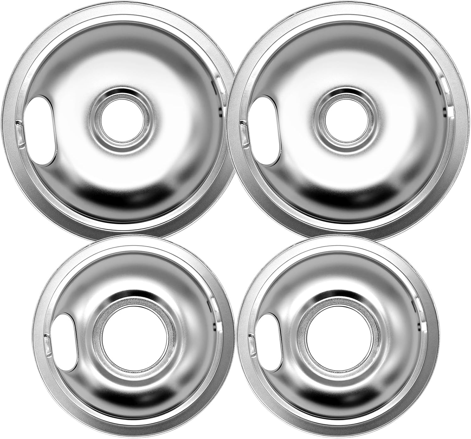 Beaquicy W10278125 W10196405 and W10196406 Chrome Drip Pan- Replacement for Ken-more and Whirlpool Range - 4 Pack - Includes 2 8-Inch and 2 6-Inch Drip Bowl Pans