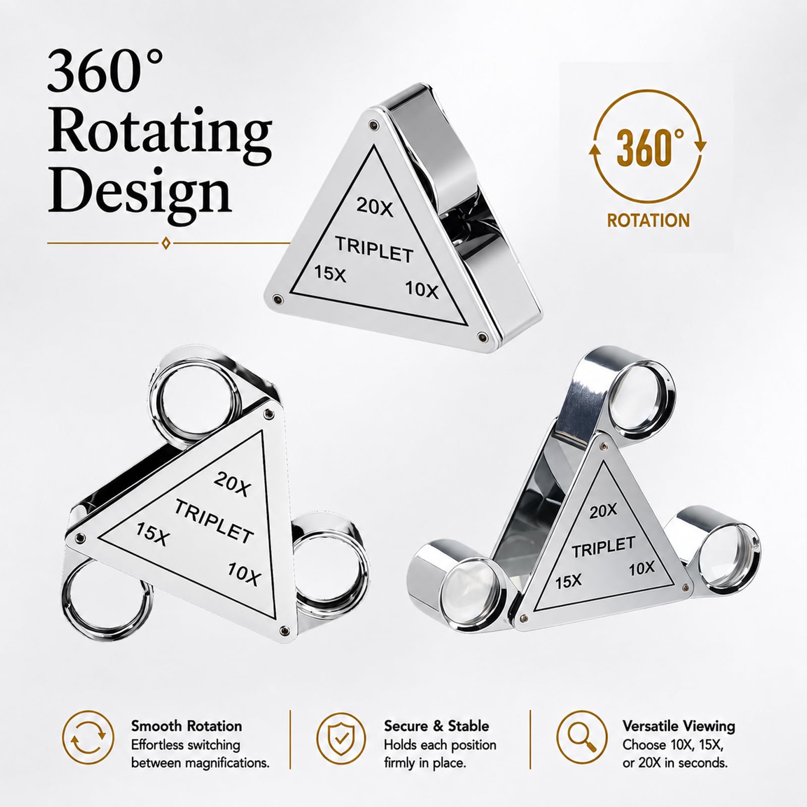 3-in-1 Juwelierlupe 10X 15X 20X Triplet-Linse Chrom Taschenwerkzeug | 18mm Achromatische Optik | Ausklappbares Dreieck-Design | Kupferlegierung | Korrosionsbeständig