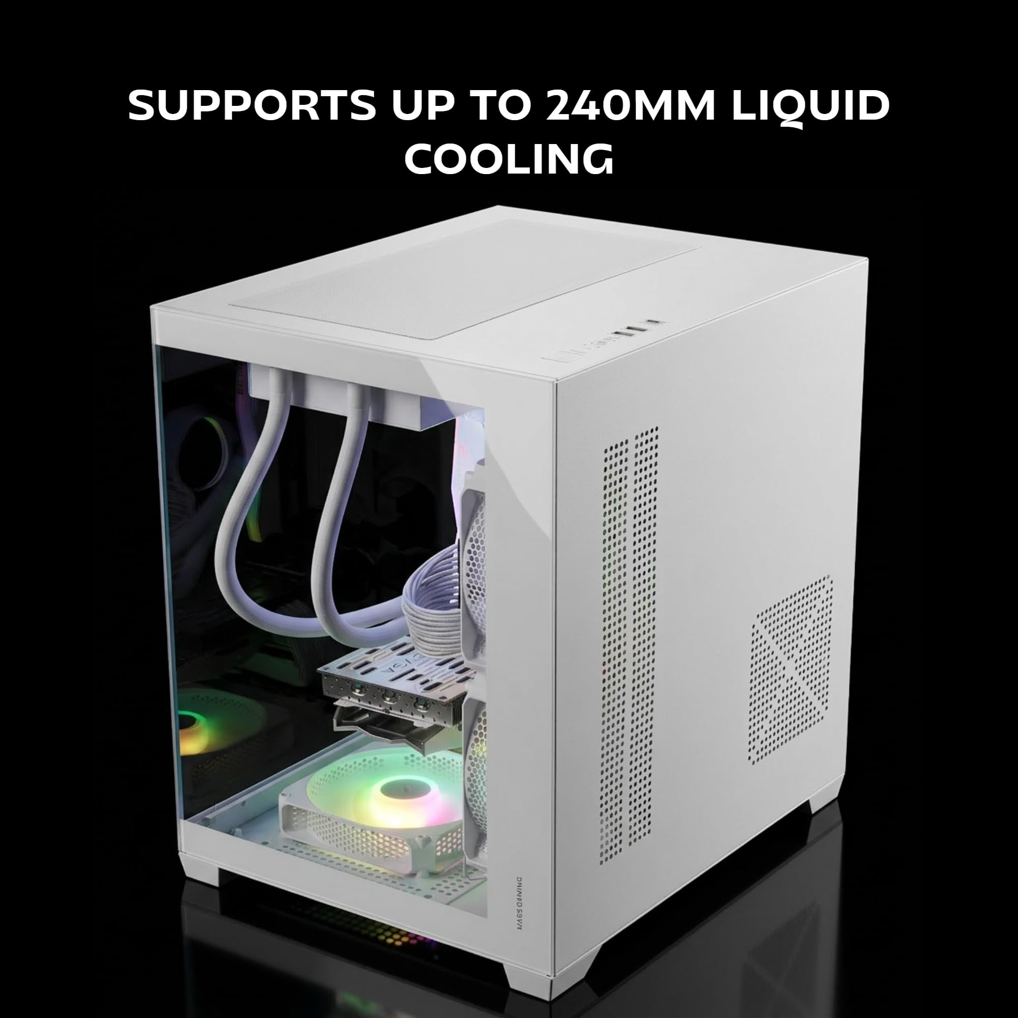 Mars Gaming MC-VIEW3, Obudowa PC MicroATX, panoramiczne szkło hartowane, 3x wentylatory ARGB 120mm, podwójna komora, wsparcie chłodzenia cieczą do 240mm, kompaktowa miniwieża z USB-C, Biały