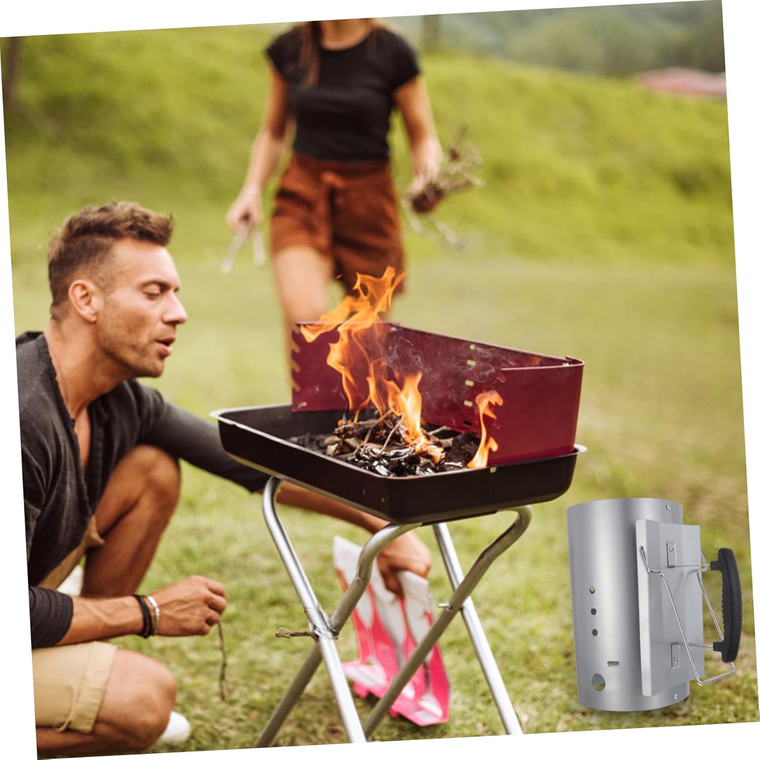 Outdoor Charcoal Chimney Starter Handle Fast BBQ Fire Ignition for Grilling and Camping Design