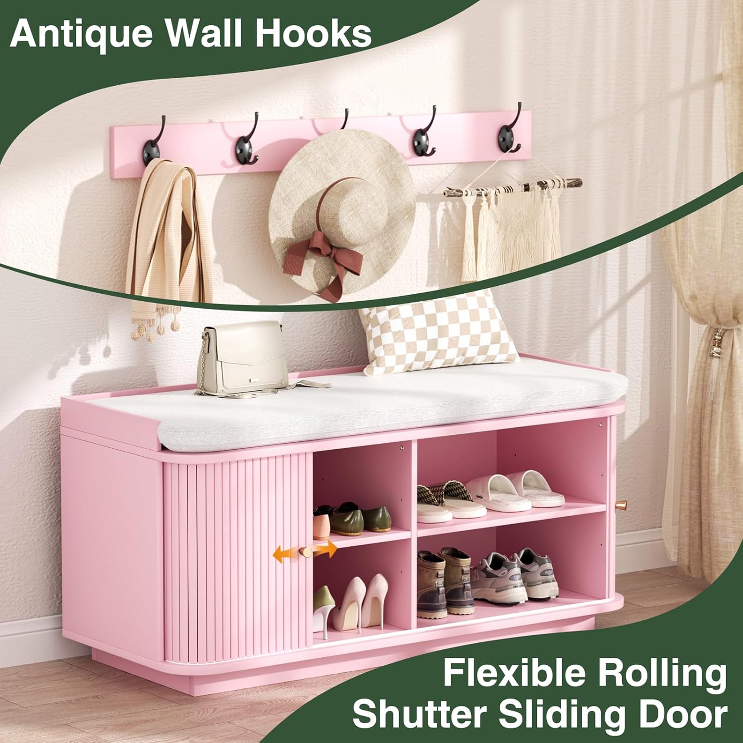 Hall Tree with Bench and Shoe Storage, Entryway Bench with Sliding Door Cabinet, Removable Padded, Metal Wall Hooks and Adjustable Storage Compartments, for Entry, Hallway, Living Room, Pink