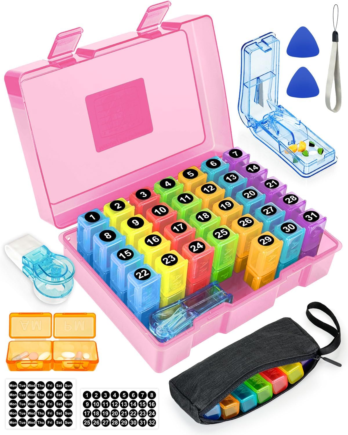 Monthly Pill Organizer 2 Times a Day – Yonlog Large Medicine Box with Weekly Travel Bag, Pill Cutter, Easy-Open Pick, Pill Taker Tool, and 2 Medication Stickers (Pink, 2 Times a Day)