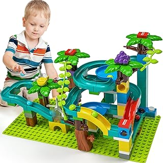 burgkidz Upgrade Marble Run Big Building Blocks with Hitting Hammer and Elevator, 130 Pieces Marble Race Track Ball Maze Game for Boys and Girls, Construction Toys for Kids Age â€‹3-14 Years
