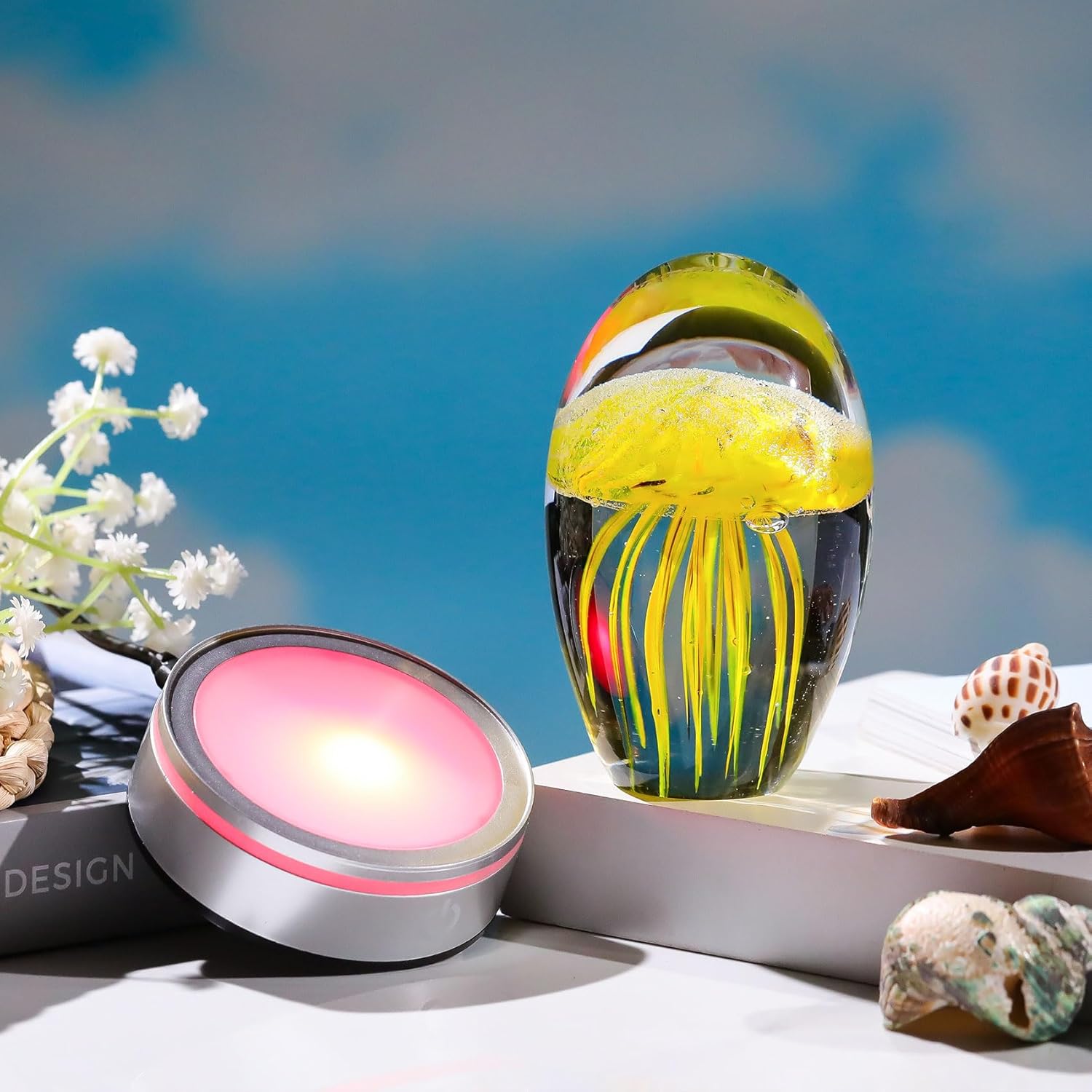 Enjinkail Handmade Jellyfish Lamp – Crystal Glass Figurine Colorful LED Night Light, Ocean-Themed Desk Decor, Aquarium & Beach Room Decor – Gifts for Women Nature Lovers (Yellow)