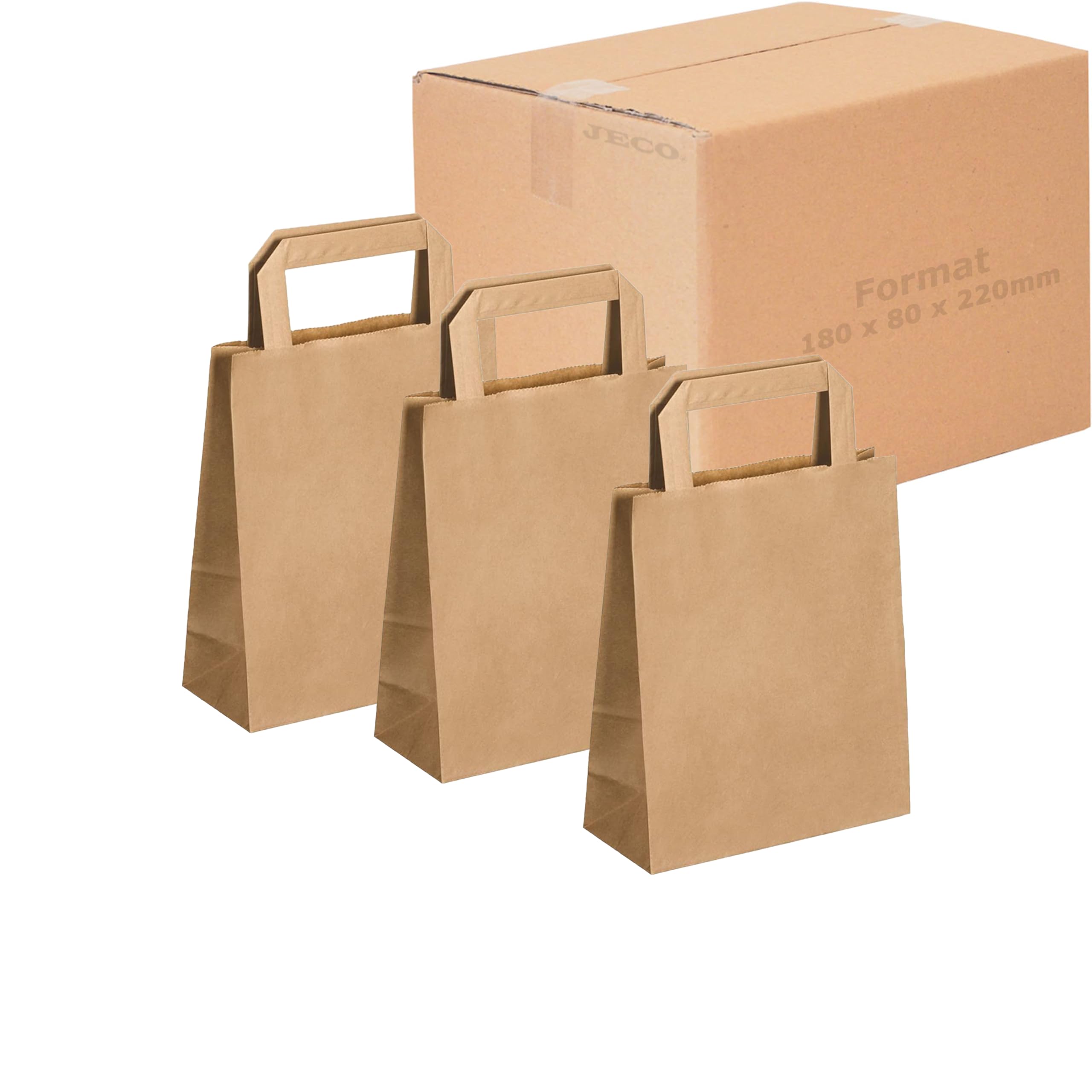 JeCo - Lot de 250 Sacs Cabas en Papier Kraft Brun avec poignée Plate 18 x 8 x 22 cm 3 litres résistant Papier 80g/m² Sac Marron Havane Vente à emporter Emballage Commerce Sac Cadeau