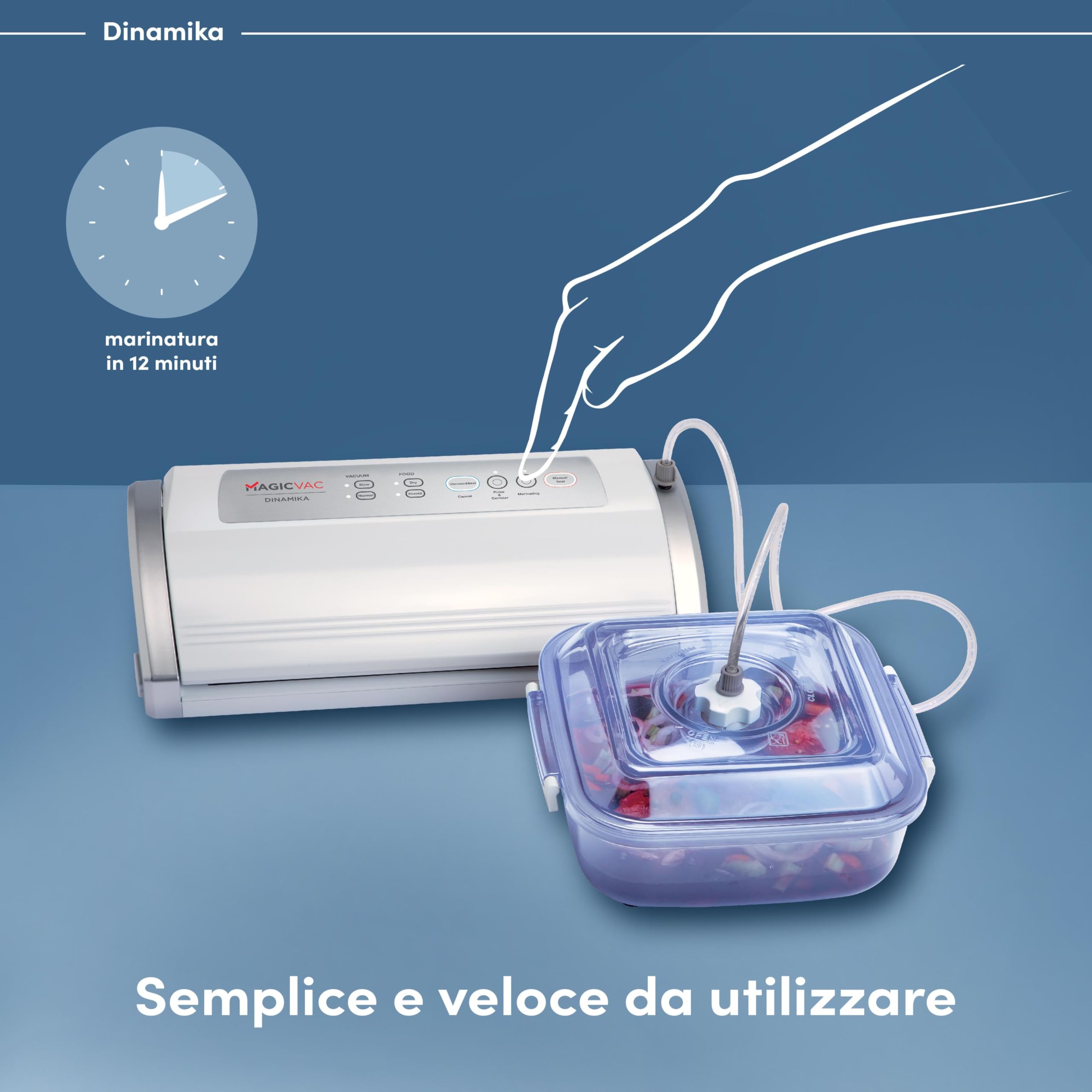 Magic Vac, Dinamika, Macchina Sottovuoto Alimenti Multifunzione Professionale, per Sacchetti Sottovuoto, Contenitori e Marinatura, con Kit Sottovuoto Alimenti, Brevettata, Silver White