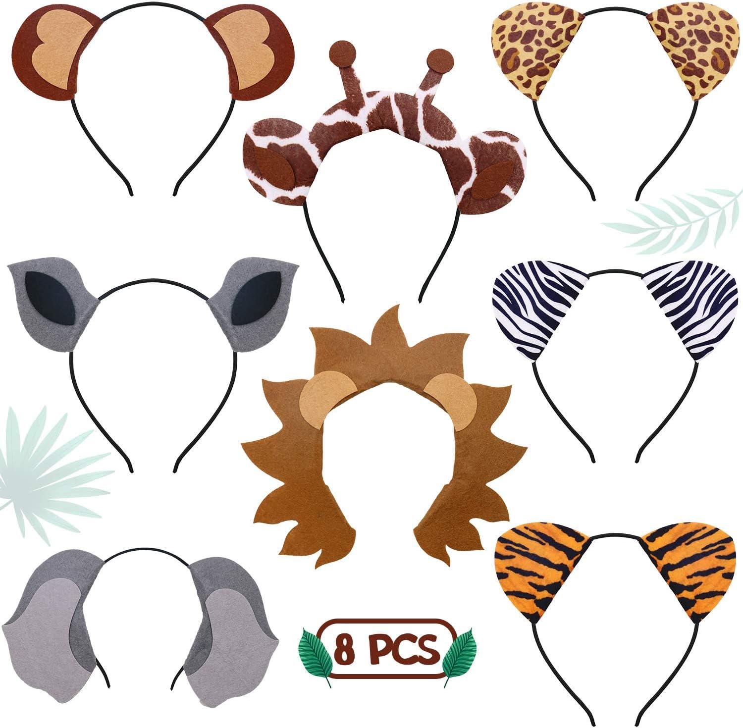 CiyvoLyeen Animals Ears Headbands Birthday Jungle Safari Zoo Party Favor Monkey Rhinoceros Elephant Hair Hoop for Kids 8pcs