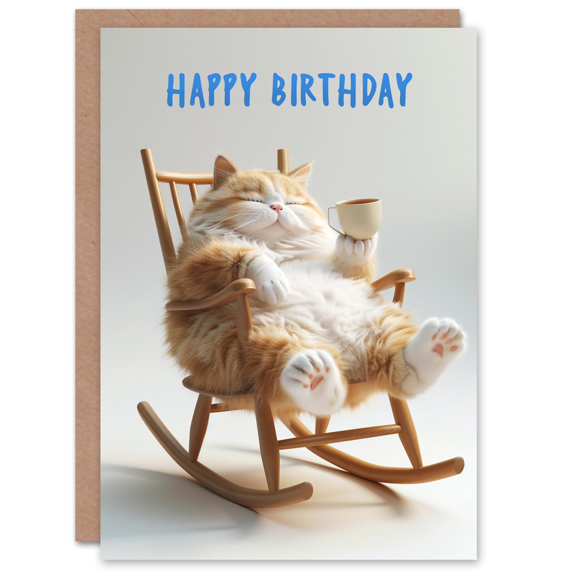 Artery8 Birthday Card Fat Fluffy Cat Lover Rocking Chair Tea For Child Kids Son Daughter Greeting Card
