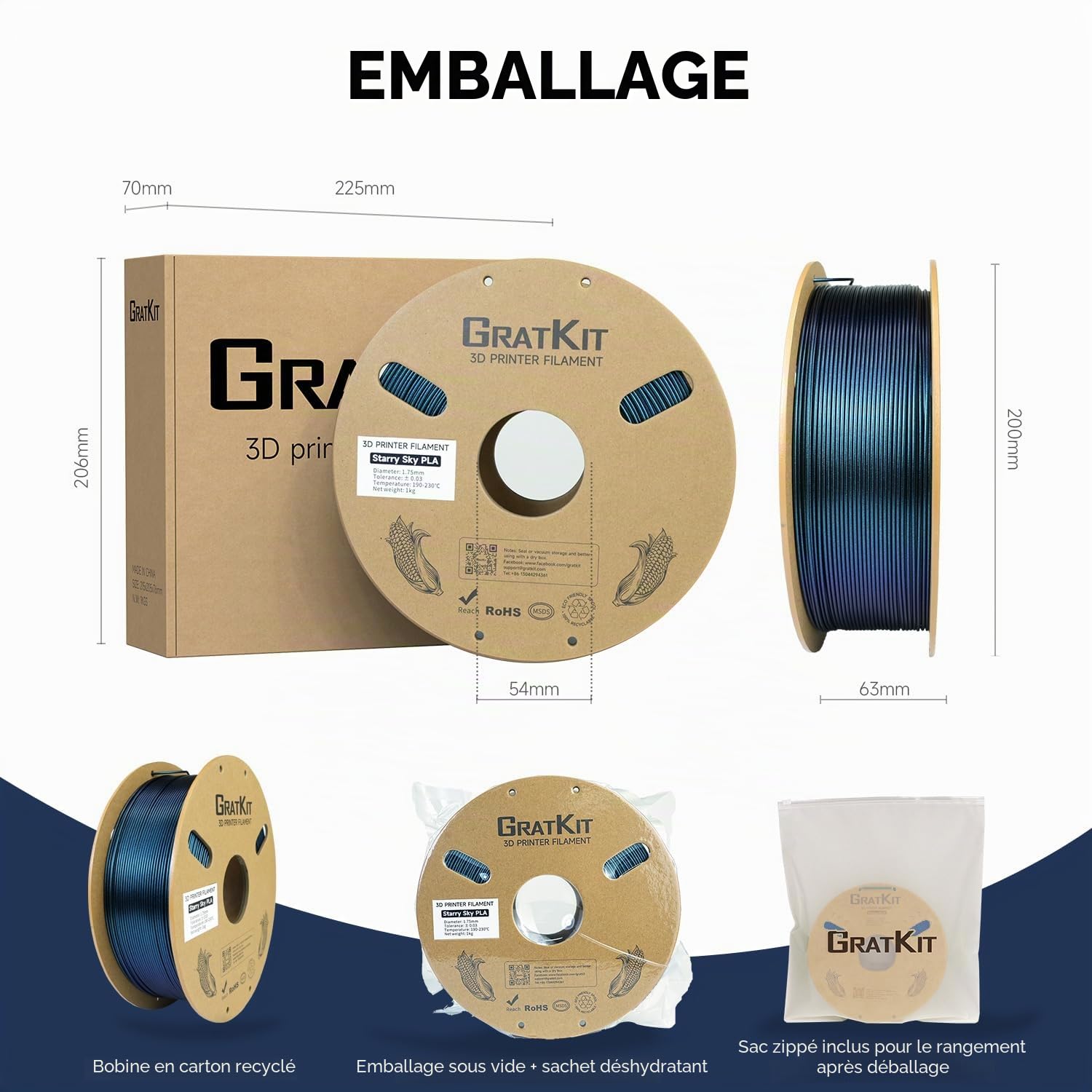 GratKit Filament PLA Sparkly Glitter 1.75mm Bobine de 1KG, 3D Imprimante Filament ±0,03mm Précision, 1000g Starry Sky PLA, Bleu Galaxie