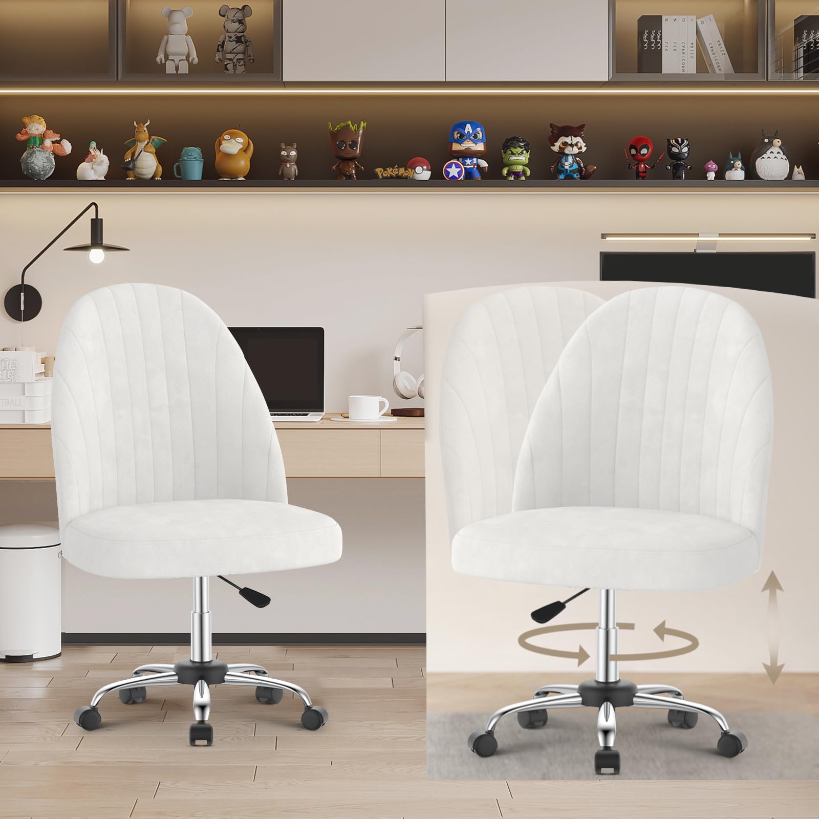 naspaluro Small Swivel Makeup Vanity Chair, Velvet Dressing Table Chairs, White Comfy Desk Chairs for Bedroom/Home Office, Armless Cross Legged Office Chairs, Salon Study Stool