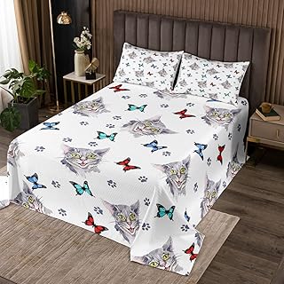 Feelyou Kids Cute Cat Bedspread Colorful Butterfly Cute Kitten Quilt Set for Children Boys Girls Toddler Cartoon Pet Cats Coverlet Kawaii Animal Quilted Room Decor Bedroom Collection Queen Size