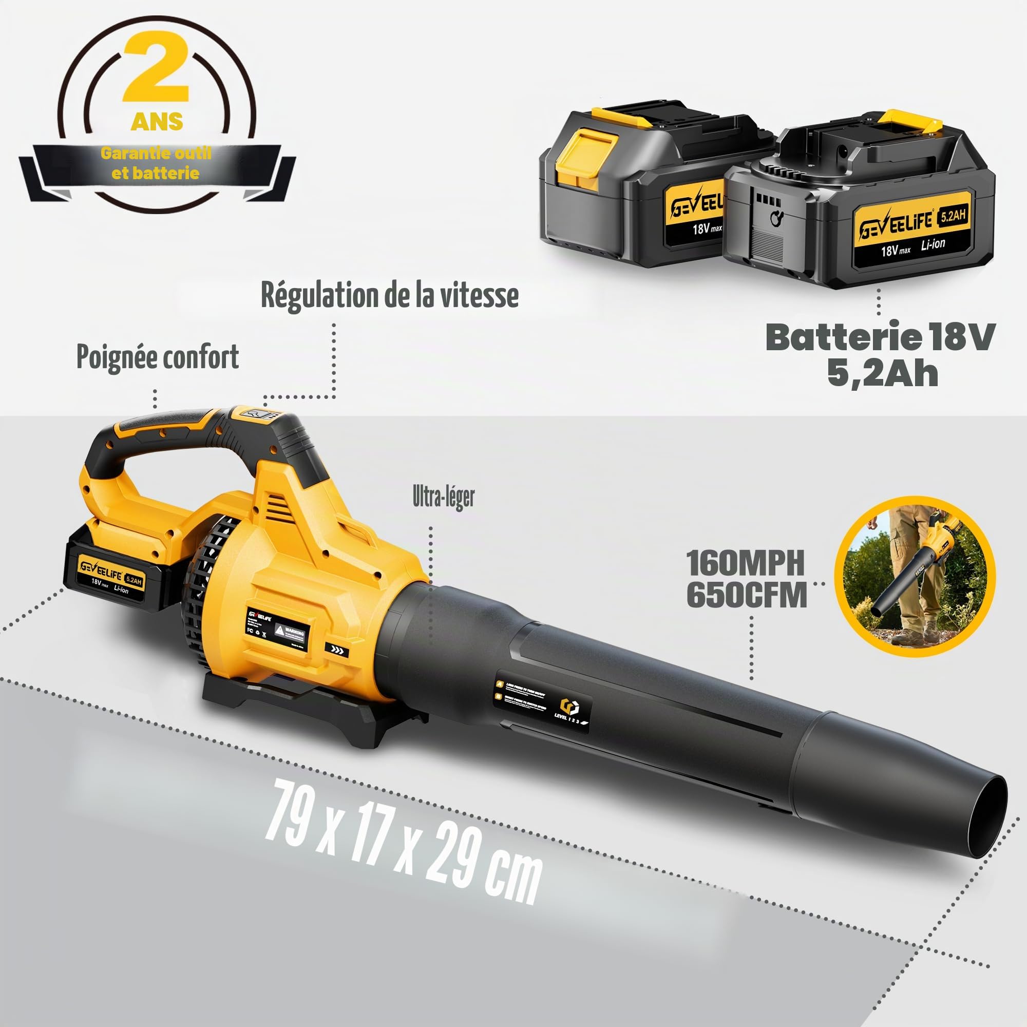 GEVEELIFE Souffleur électrique 20 V 257 km/h avec 3 Vitesses et 2 Batteries de 5,0 Ah pour Jardin, Feuilles, poussière et Neige (Batterie Incluse), Jaune
