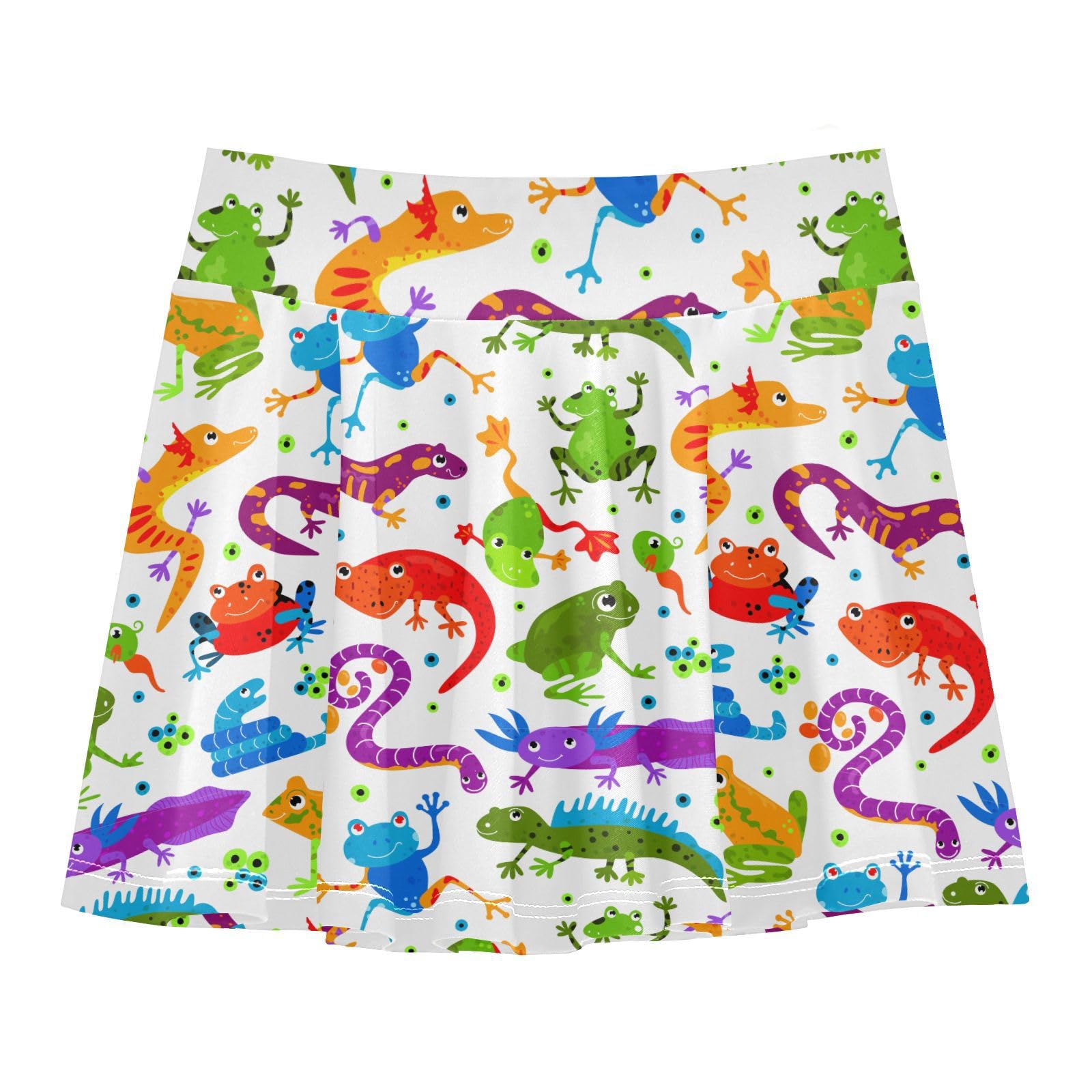 Aflyko Girls Pleated Skater Skirt Rainbow Cartoon Frog Lizard Snake High Waist Cheerleading Dress Dance Skort with Lining Shorts Weekend Date Outfit Short Bottoms, 9-10Y