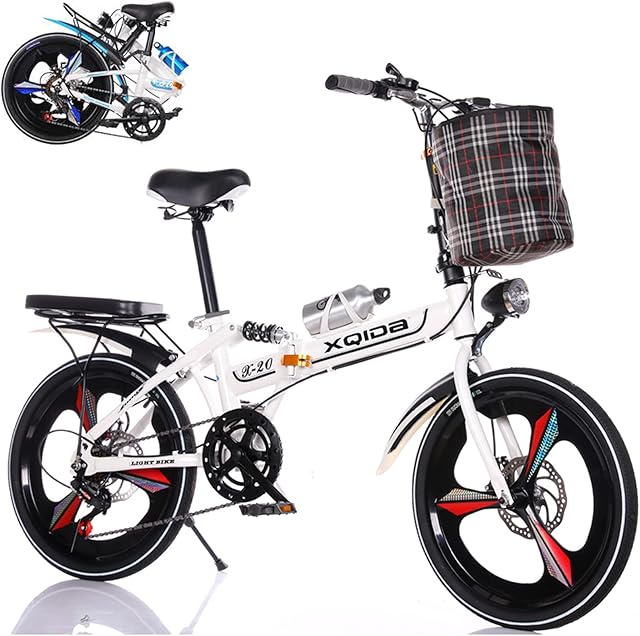 20-inch folding bike,adult teenager folding bikes 6-variable speed Before after Double shock absorption with lights and basket/Shipment from German warehouse/Color: red/black/white/beige
