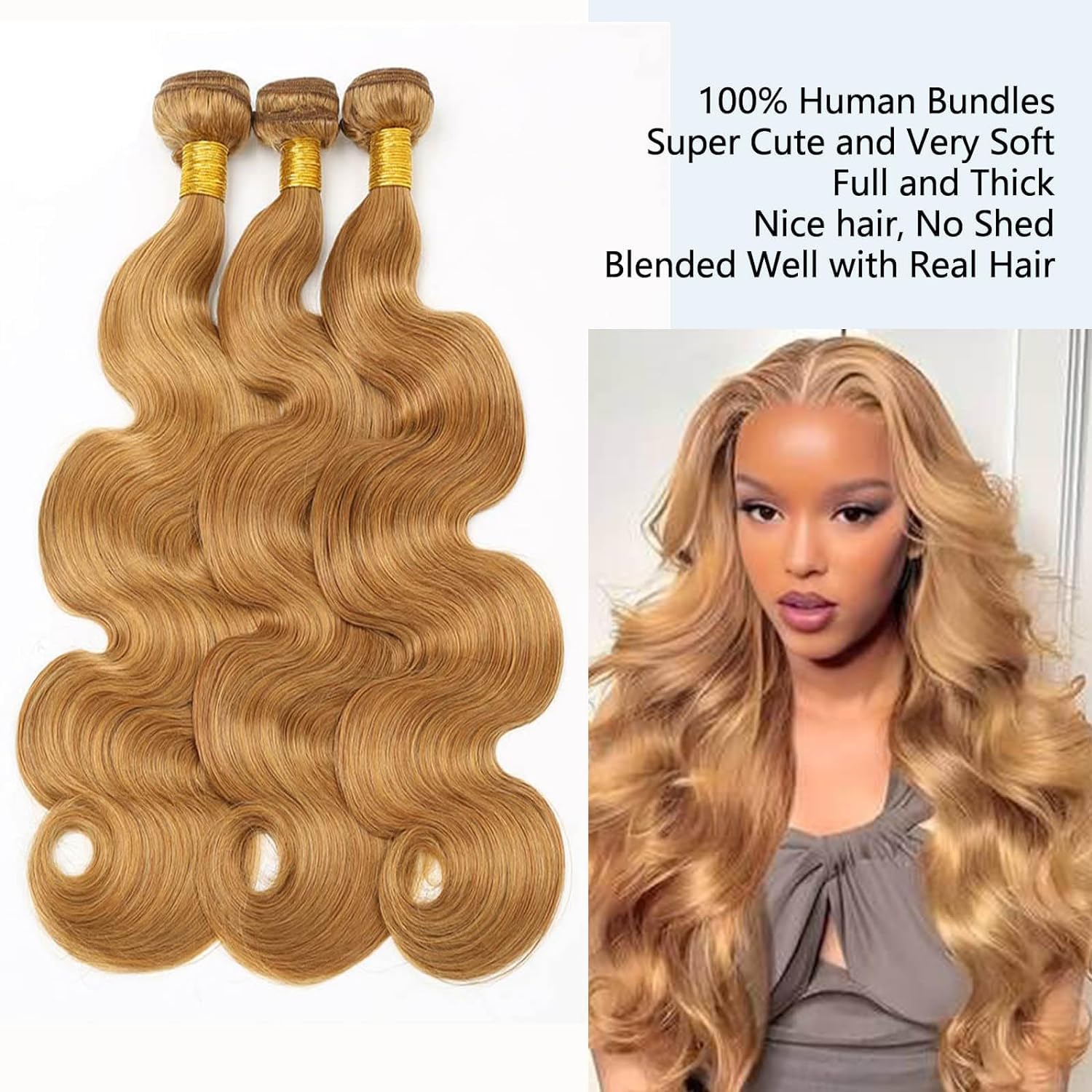 Human Hair Bundles 18 20 22 Inch Body Wave Bundles Human Hair Honey Blonde Color 27 Unprocessed Brazilian Soft Quick Weave Hair for Black Women