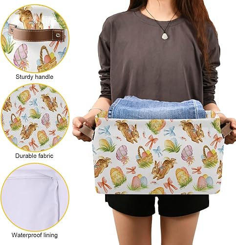 Miniatura 7 de senya Cesta de almacenamiento de Pascua con asas, huevos de conejo de Pascua en acuarela, grande, plegable, de tela, plegable, bolsa organizadora