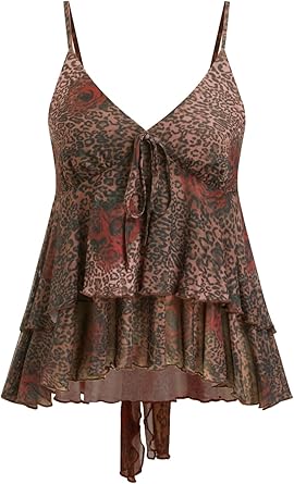 CIDER Womens Going Out Tops Boho Babydoll Mesh Ruffle Asymmetrical Hem Spaghetti Strap Tank Crop Tops Concert Club Outfits