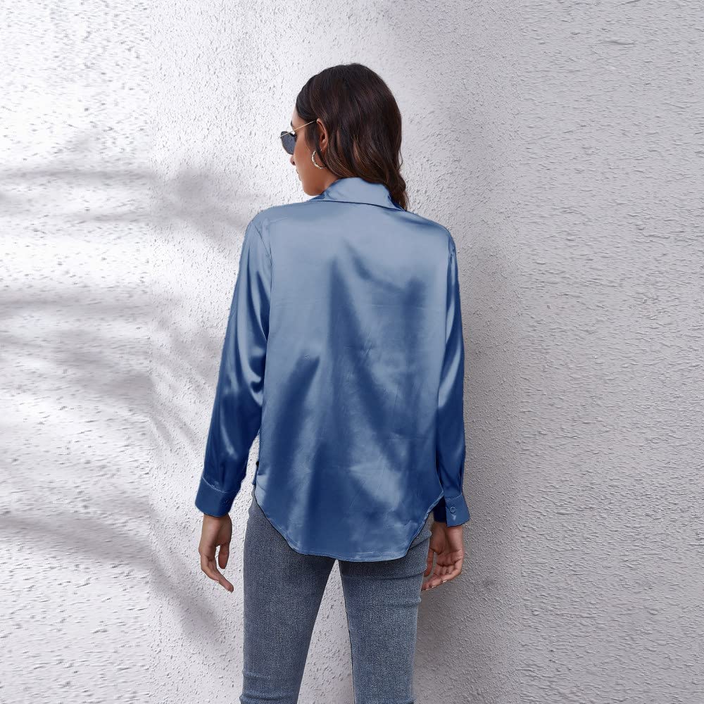 Camisa Básica con Botones,Blusa De Satén para Mujer, Camisa Azul De Manga Larga, Camisas De Seda De Moda Vintage, Camisa De Negocios con Botón, Blusas De Fiesta Sexy, Blusa De Oficina De Trabajo Inf