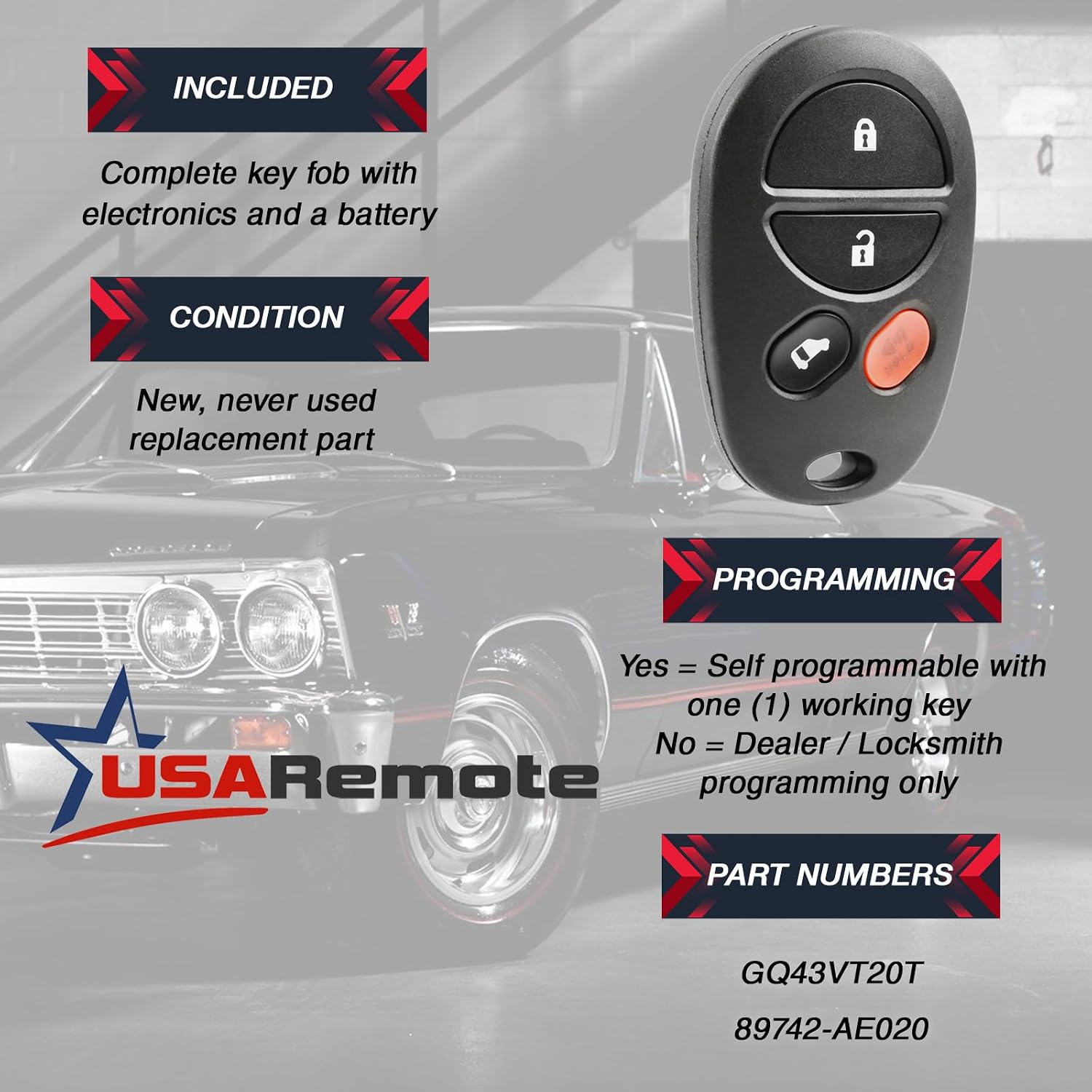 Usa Remote Replacement Fits Toyota Sienna Van Key Fob Control 4btn GQ43VT20T